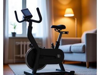 Ein moderner Heimtrainer in einem hellen Wohnzimmer mit Parkettboden.