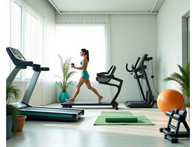 Modernes Heimstudio mit Fitnessgeräten und einem motivierten Sportler beim Training in einem hellen Raum.