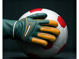 Ein Paar hochwertige Torwarthandschuhe neben einem Fußball.