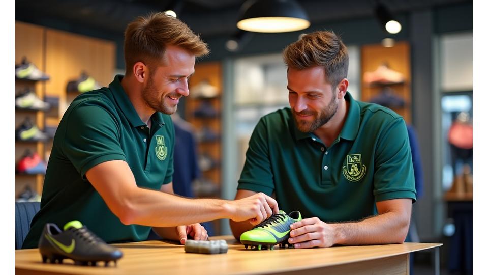 Ein Sportfachverkäufer berät einen Kunden bei der Auswahl von Fußballschuhen, wobei beide auf die Schuhe auf einem Tisch zeigen.