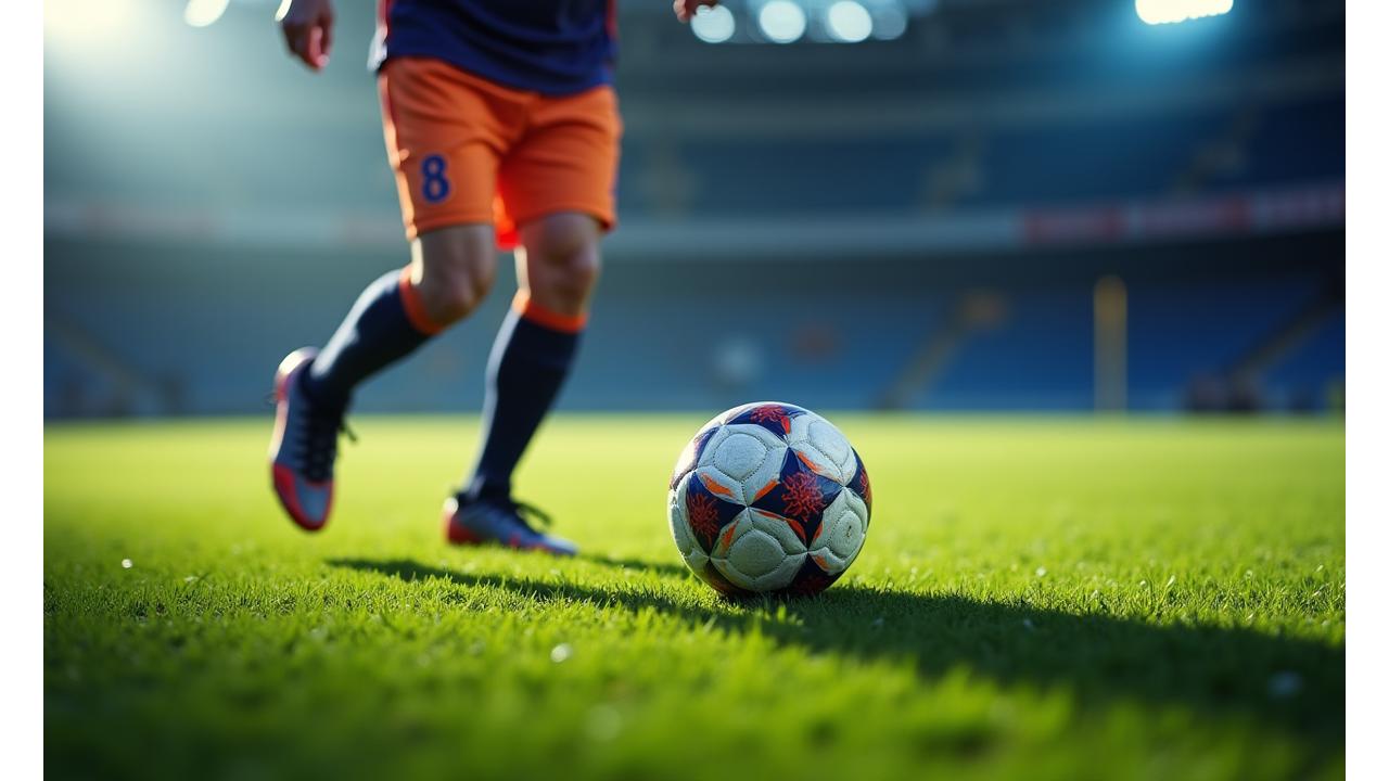 Professioneller Fußballspieler in dynamischer Spielaktion auf dem Rasen, umgeben von hochwertiger Fußballausrüstung wie Schuhen und Bällen.