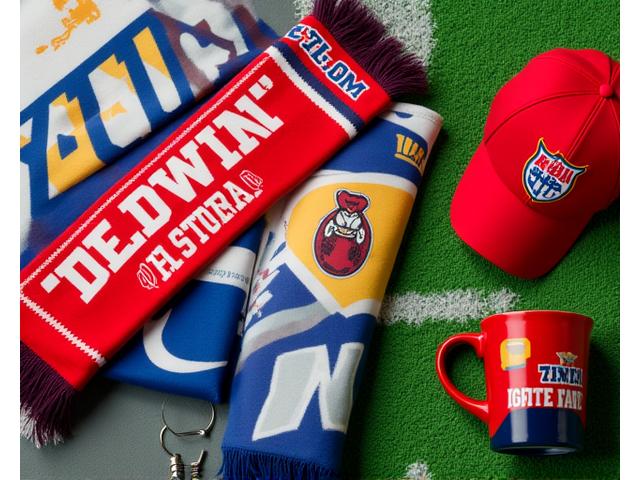 Verschiedene Fußball-Fanartikel wie Schal, Mütze und kleine Fahne, aufgereiht in einem Schaufenster.