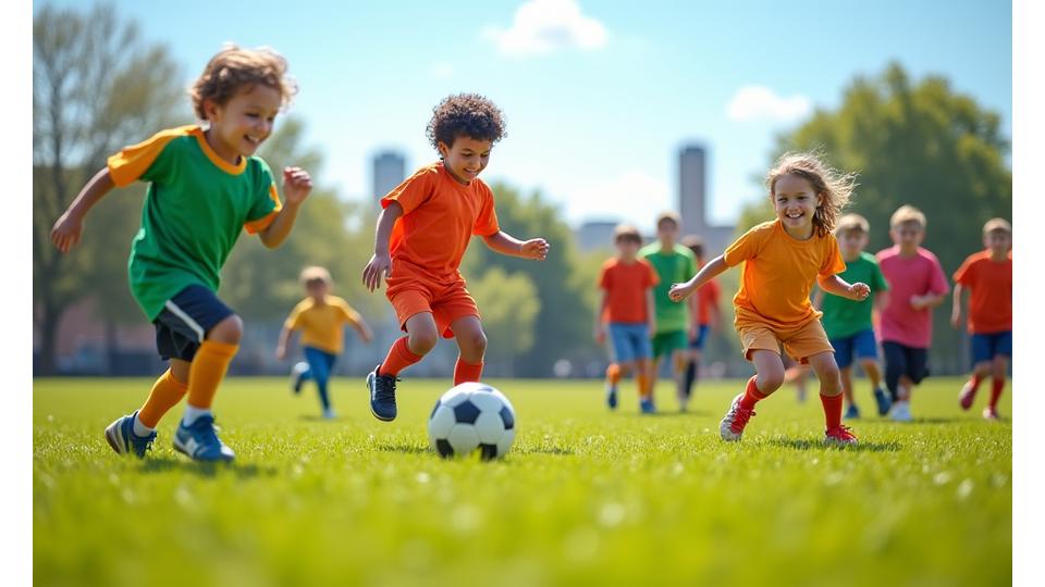 Gruppe von lachenden Kindern in Fußballausrüstung spielt auf einem sonnigen Trainingsplatz Fußball.