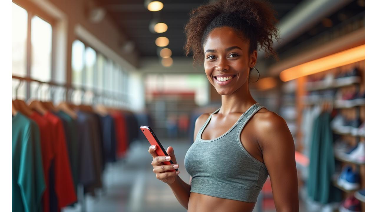 Glückliche Athletin, die ein Smartphone benutzt, mit Sportausrüstung im Hintergrund, symbolisiert einfache Kommunikation und Beratung bei Eichenhorst Sport.