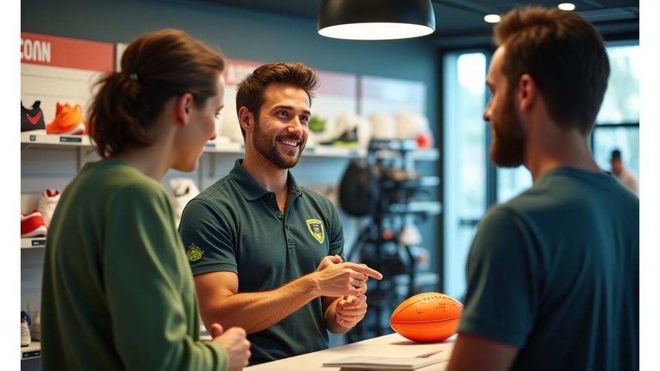 Ein engagierter Eichenhorst Sport Mitarbeiter im Gespräch mit einem Kunden, der ihm ein Sportgerät zeigt, symbolisiert persönliche und detaillierte Beratung.