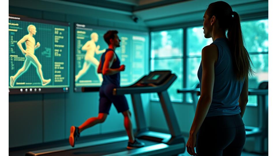 Professionelle Laufanalyse, bei der ein Experte die Beinbewegungen eines Läufers auf einem Laufband auf einem Monitor betrachtet, mit Fokus auf personalisierte Sportberatung.