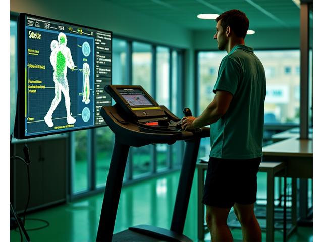 Laufanalyse auf dem Laufband mit Laptop und Diagrammen