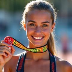 Läuferin Sophia mit Medaille nach einem Wettkampf