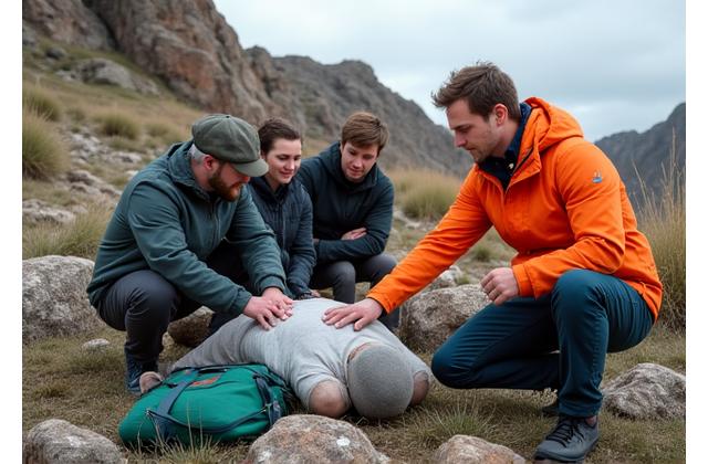 Ein Outdoor-Guide demonstriert Erste Hilfe an einem simulierten Verletzten in einer felsigen Umgebung, andere Teilnehmer schauen zu.