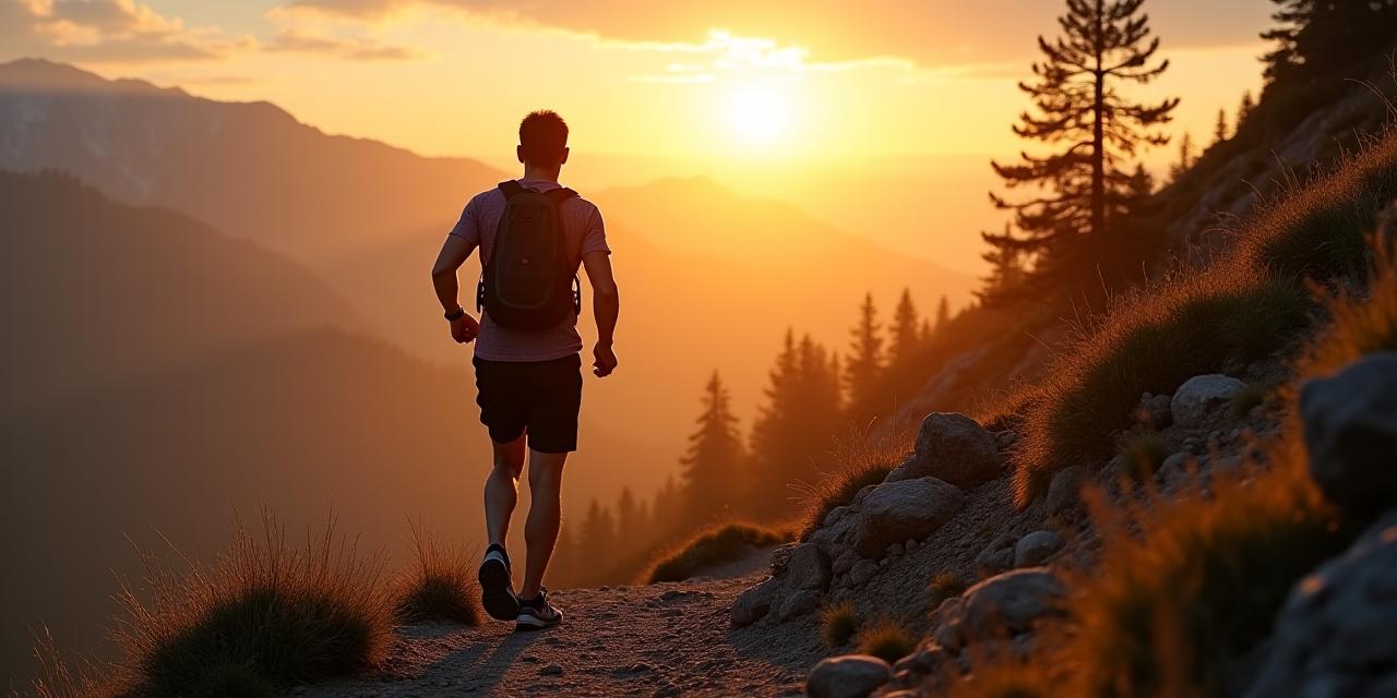 Trailrunner überqueren einen steinigen Gebirgspfad mit Blick auf eine weite Landschaft im Sonnenuntergang.
