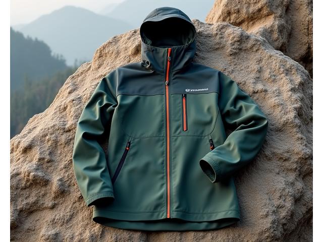 Wasserdichte und atmungsaktive Funktionsjacke über einem Funktionsshirt, auf einem Felsen liegend.