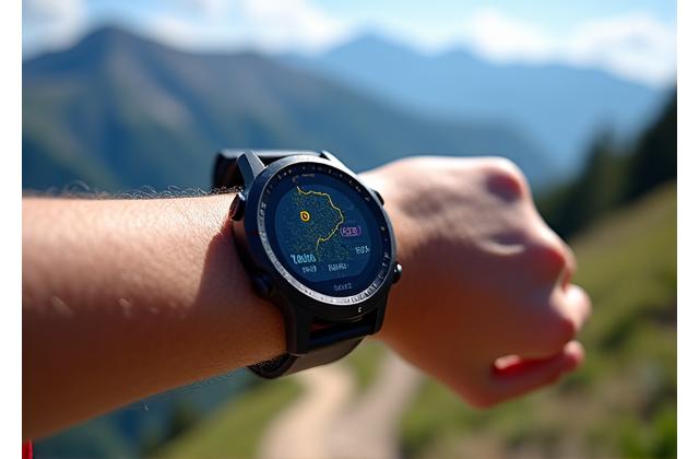 Nahaufnahme einer robusten GPS-Uhr am Handgelenk eines Trailrunners, der eine digitale Karte auf dem Display anzeigt, im Hintergrund Berge.