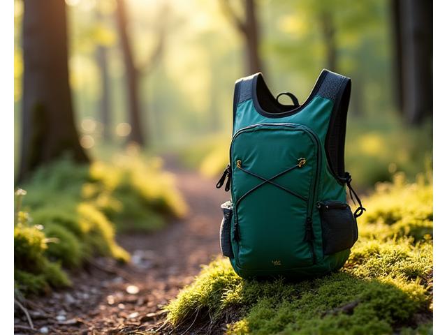 Ultraleichter Laufrucksack mit Trinkblase und kleinen Taschen, vor einem bewaldeten Pfad.