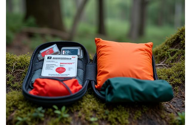 Ein kompaktes Notfall-Kit, daneben ein Biwaksack und ein kleines Tarp auf moosigem Waldboden.