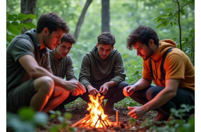 Gruppe von Teilnehmern lernt, wie man ein Feuer mit Naturmaterialien entzündet, angeleitet von einem Survival-Coach im Wald.
