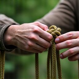 Ein Survival-Trainer zeigt einer Gruppe im Wald, wie man einen Knoten bindet, Fokus auf die Hände.