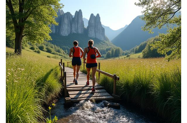 Trailrunner überqueren eine kleine Holzbrücke in einer malerischen Landschaft der Fränkischen Schweiz, im Hintergrund Felsen.