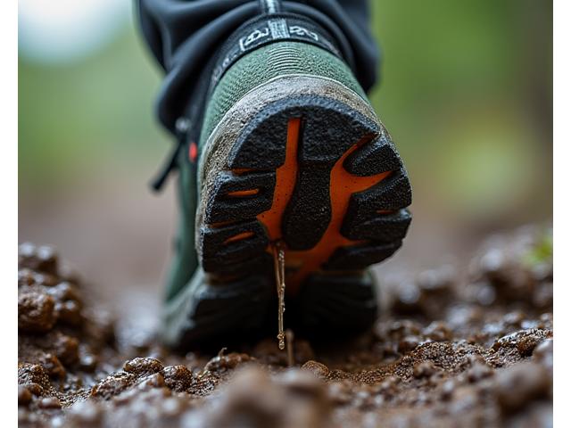 Nahaufnahme eines Trail-Laufschuhs mit aggressivem Sohlenprofil auf schlammigem Untergrund.
