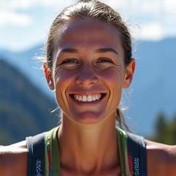Ein Ultramarathon-Läufer mit Startnummer lächelt erschöpft aber glücklich nach einem Rennen, vor einer Bergkulisse.