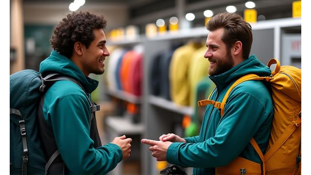 Zertifizierter Outdoor-Berater im Gespräch mit einem Kunden in einem Sportgeschäft