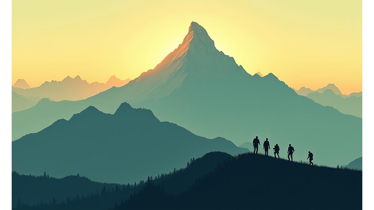 Majestätischer Gipfel in den Alpen bei Sonnenaufgang mit Wanderern