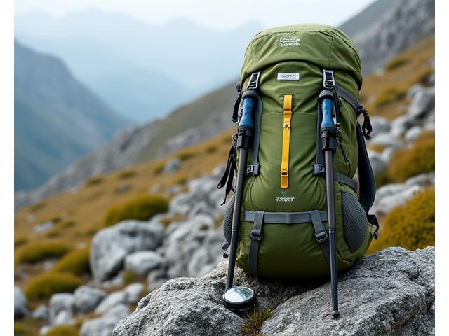 Ein mit Wanderstöcken und Karte ausgestatteter Trekkingrucksack auf einem Bergweg