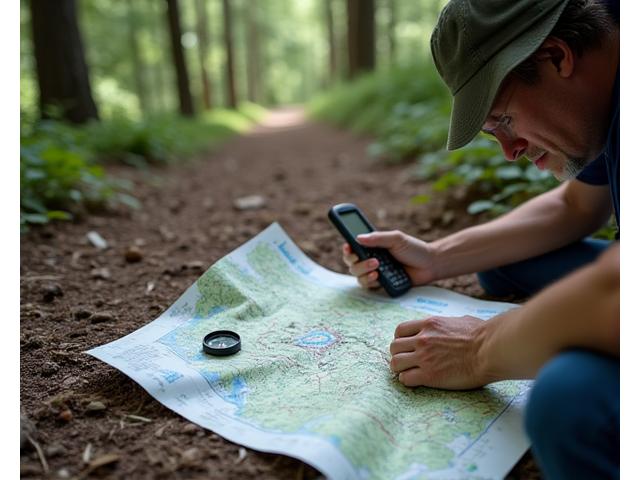 Wanderer studiert eine topographische Karte und nutzt ein GPS-Gerät