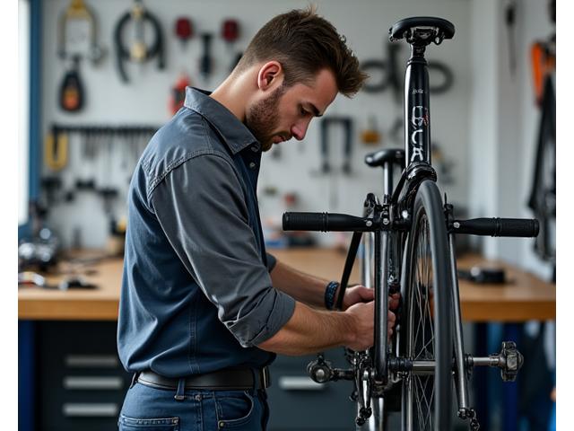 Fahrradmechaniker bei der Arbeit an einem Fahrrad in einer modernen Werkstatt