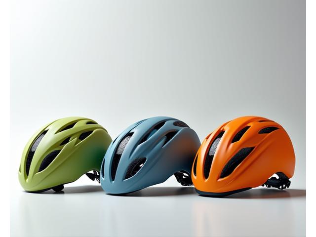 Verschiedene moderne Fahrradhelme in unterschiedlichen Farben und Designs in einer Reihe ausgestellt