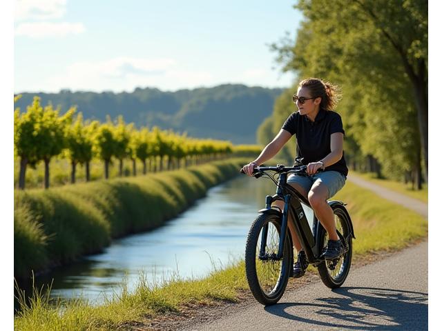 Modernes E-Bike mit integriertem Akku beim Fahren in der Natur