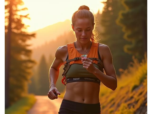 Sportler mit Energieriegel und Kohlenhydratgetränk während eines Laufs
