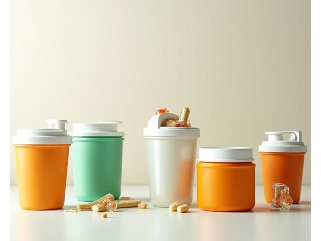 Verschiedene Proteinprodukte und Shaker auf einem Tisch, mit Fokus auf Muskelaufbau