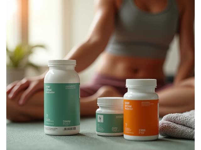 Ein Sportler entspannt sich nach dem Training, mit einem Recovery-Drink und Supplements