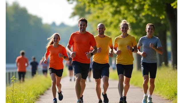 Menschen unterschiedlichen Alters nehmen an einem von Eichenhorst Sport organisierten Community-Lauf am Rhein-Main-Donau-Kanal in Erlangen teil.