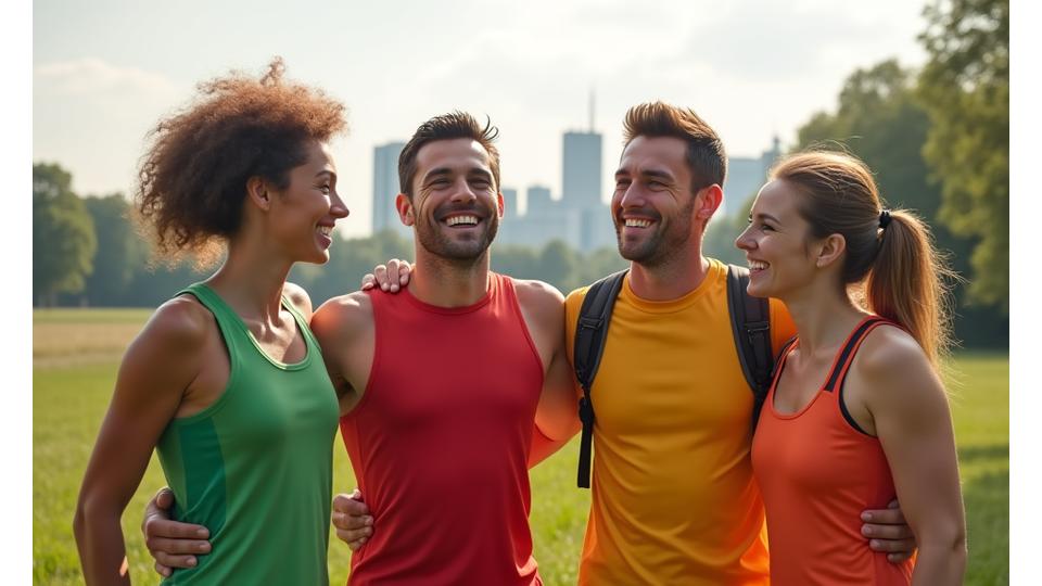 Eine Gruppe unterschiedlicher Sportler (Läufer, Radfahrer, Fußballer) jubelt fröhlich im Freien, symbolisch für die Erlanger Sportgemeinschaft.