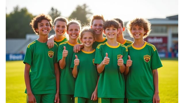 Jugendfußballmannschaft aus Erlangen in Eichenhorst Sport Trikots mit fröhlichen Gesichtern.