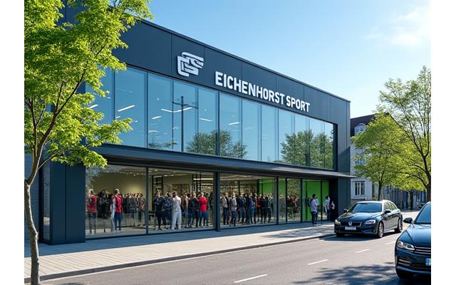 Die moderne und einladende Fassade des Eichenhorst Sport Geschäfts an der Steigerwaldstraße.