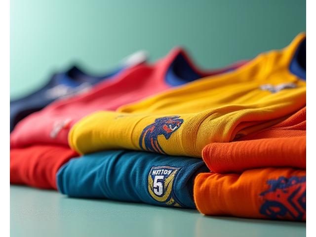 Nahaufnahme von individuell bedruckten Sporttrikots mit Vereinslogo, Zahlen und Spielernamen, ordentlich gefaltet.