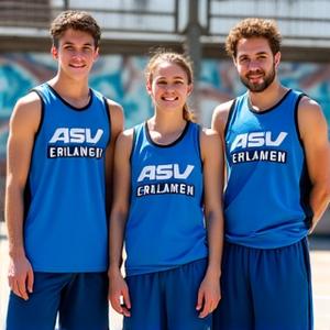 Glückliche Basketballspieler des ASV Erlangen posieren nach einem Spiel in ihren neuen blauen Teamtrikots.