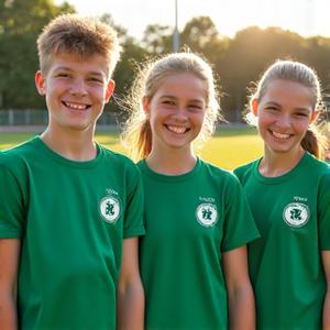 Lächelnde Fußballspieler des FC Erlangen in neuen, maßgeschneiderten grünen Trikots auf dem Spielfeld.