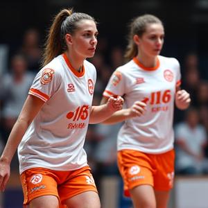 Handballspieler des TV 1848 Erlangen in dynamischer Pose, demonstrieren ihre neuen weißen Trikots mit orangen Akzenten.
