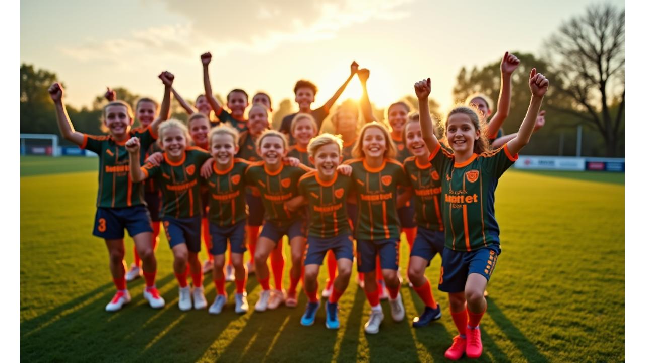 Fußballteam feiert Triumph in einheitlichen Trikots auf einem grünen Sportplatz am Abendhimmel in Erlangen.